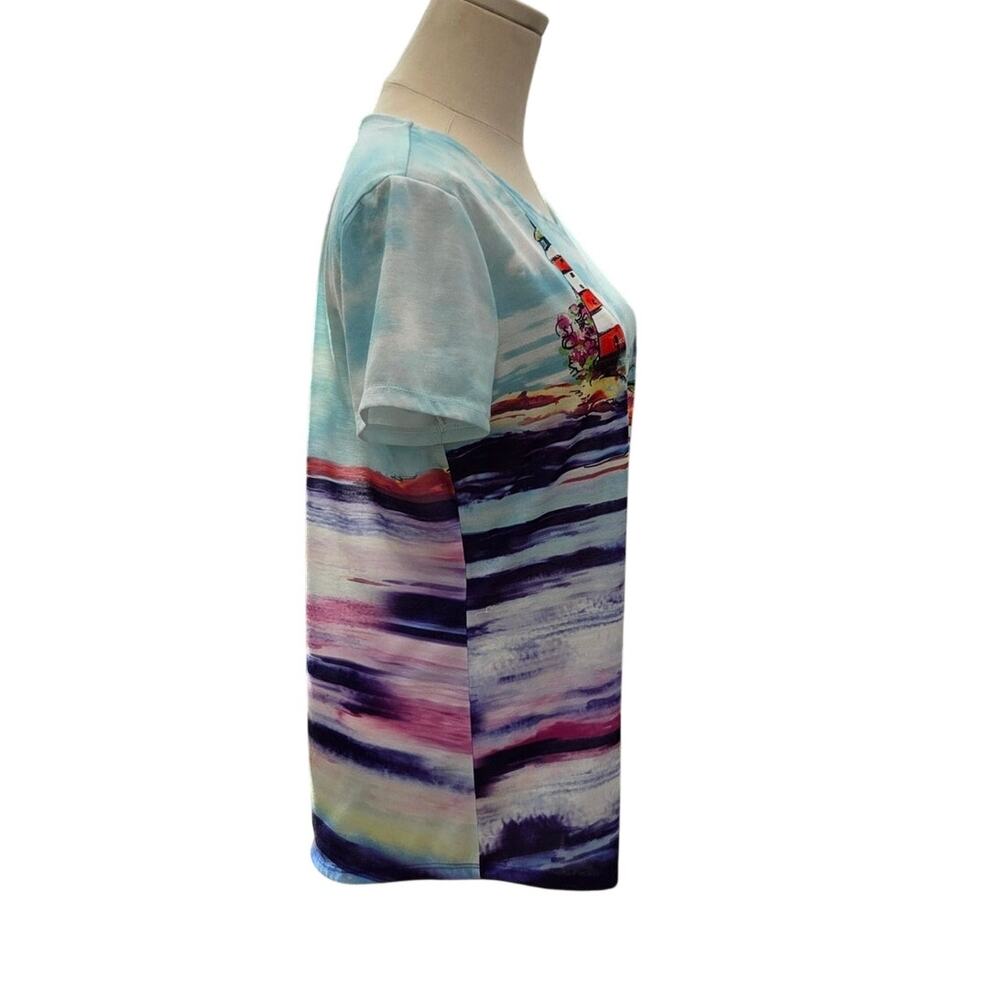 Chico’s Weekends Scenic Lighthouse Art T-Shirt Coastal Chico's Size 0 US Size S - Picture 2 of 14